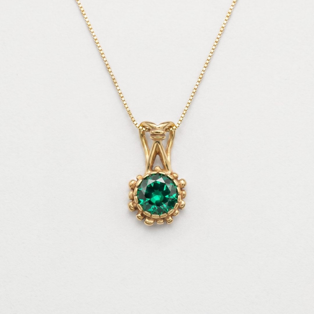 Created Emerald Pendant made in 18k Gold Vermeil with Round Created Green Emerald in Prong setting, May Birthstone gift idea, symbolizes, ideal for everyday wear and perfect for birthday gifting and special occasions.