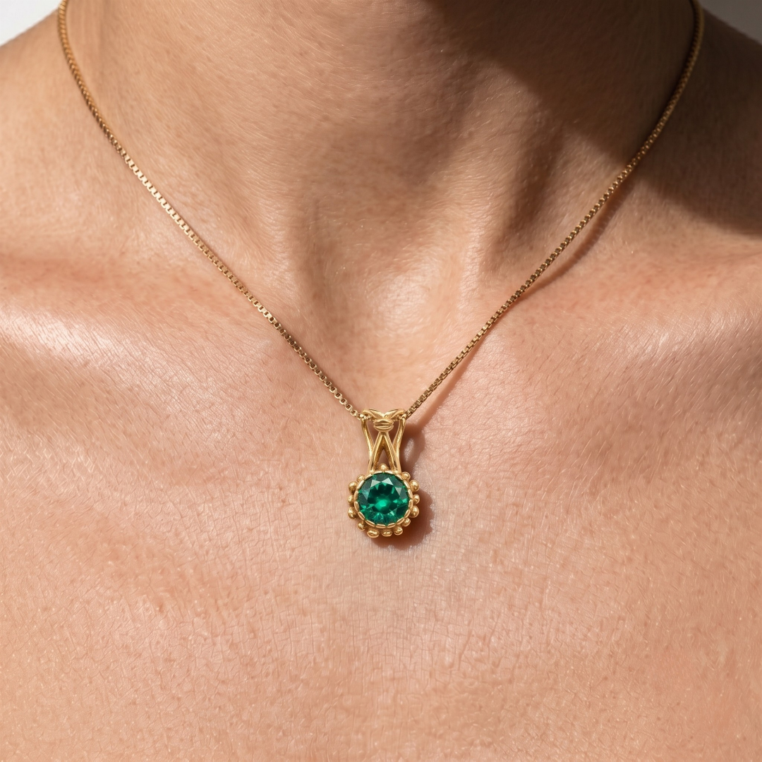 18k Gold Vermeil Created Emerald Pendant featuring May Birthstone, ideal for daily wear and special occasions.