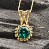 Gold Emerald Pendant - Round Green Necklace, Vintage Flower Pendant