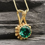 Gold Emerald Pendant - Round Green Necklace, Vintage Flower Pendant