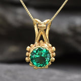 Gold Emerald Pendant - Round Green Necklace, Vintage Flower Pendant