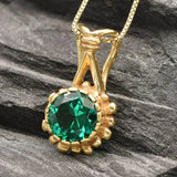 Gold Emerald Pendant - Round Green Necklace, Vintage Flower Pendant