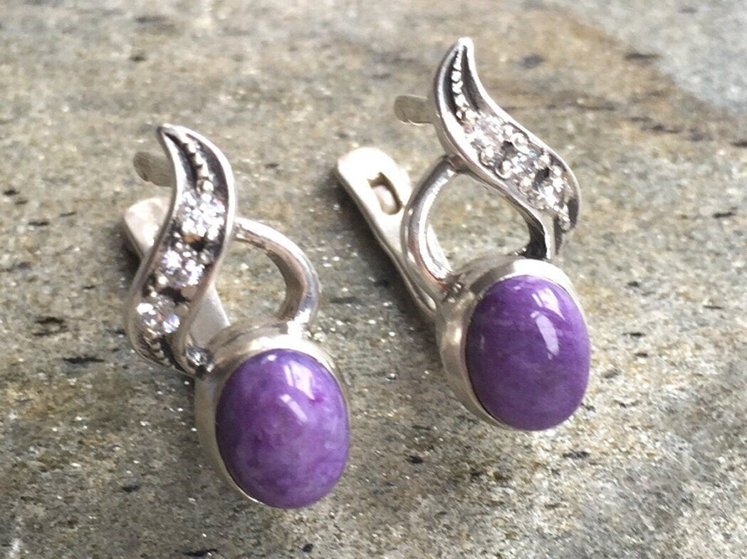 Charoite Earrings, Vintage Earrings, Natural Charoite, Antique Earrings, Purple Earrings, Unique Earrings, Vintage Earrings, Stud Earrings