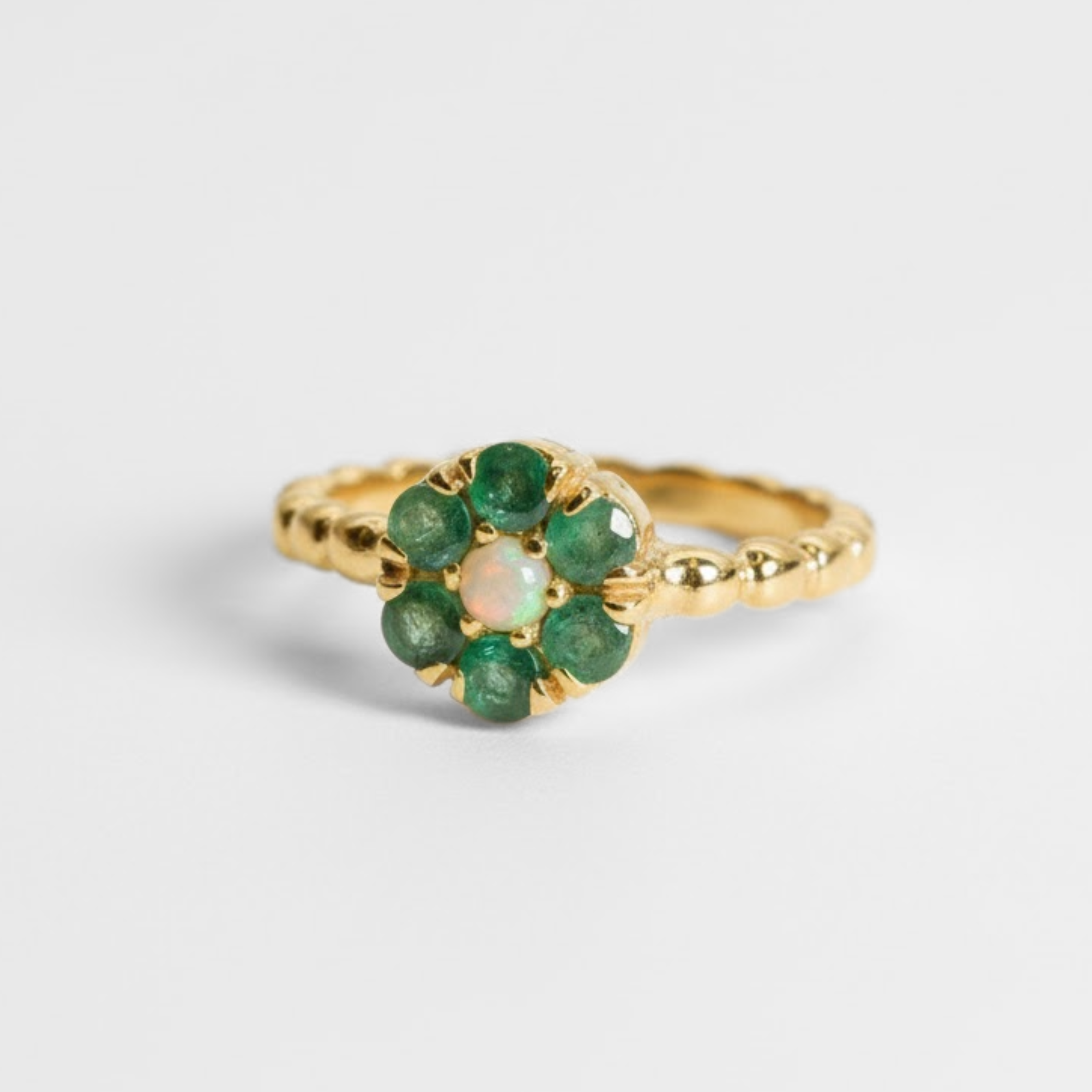 Natural Emerald Ring made in 18k Gold Vermeil with Round Natural Green Emerald in Cluster setting, May Birthstone gift idea, symbolizes growth, harmony, and deep emotional healing, ideal for everyday wear and perfect for birthday gifting and special occasions.