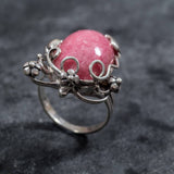 Rhodochrosite Silver Ring, Leaf Statement Ring - Pink Boho Ring