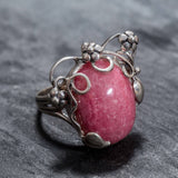 Rhodochrosite Silver Ring, Leaf Statement Ring - Pink Boho Ring