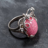 Rhodochrosite Silver Ring, Leaf Statement Ring - Pink Boho Ring