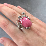 Rhodochrosite Silver Ring, Leaf Statement Ring - Pink Boho Ring