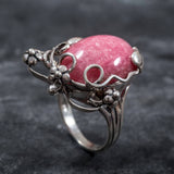 Rhodochrosite Silver Ring, Leaf Statement Ring - Pink Boho Ring