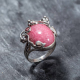 Rhodochrosite Silver Ring, Leaf Statement Ring - Pink Boho Ring