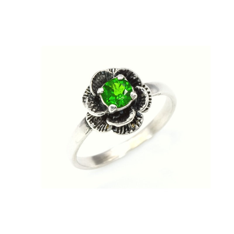 Green Flower Ring, Chrome Diopside Ring, Natural Chrome Diopside, Silver Rose Ring, Vintage Rings, Solid Silver Ring, Green Diamond Ring