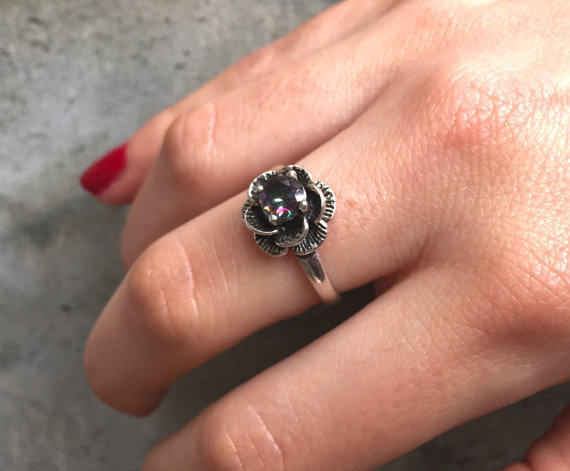 Green Flower Ring, Chrome Diopside Ring, Natural Chrome Diopside, Silver Rose Ring, Vintage Rings, Solid Silver Ring, Green Diamond Ring