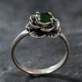 Green Flower Ring - Chrome Diopside Ring - Vintage Rose Ring