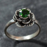 Green Flower Ring - Chrome Diopside Ring - Vintage Rose Ring