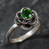 Green Flower Ring - Chrome Diopside Ring - Vintage Rose Ring