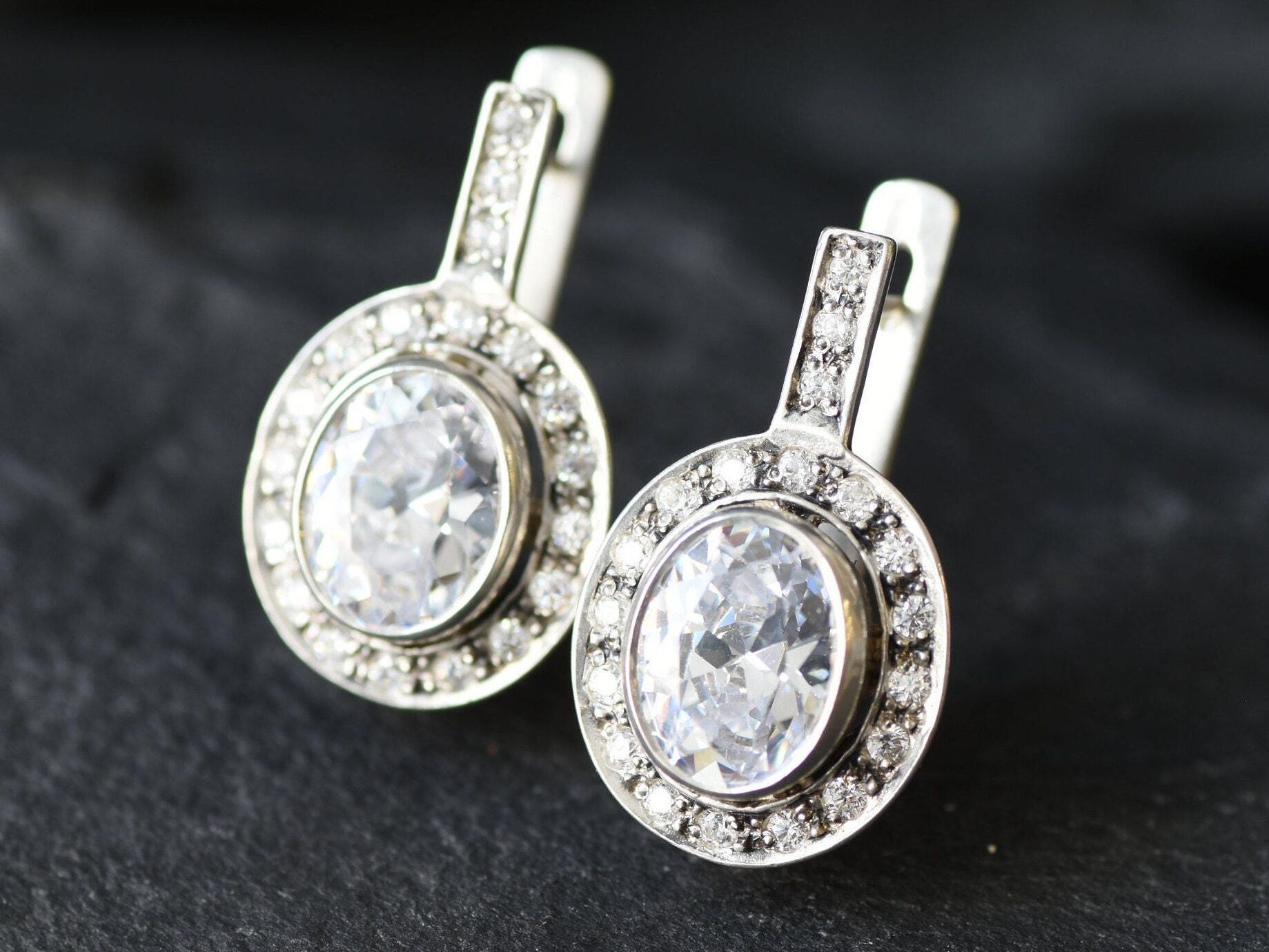 Diamond Earrings, Created Diamond, Sparkly Earrings, Vintage Earrings, Victorian Earrings, Cubic Zirconia Earrings, Solid Silver Earrings