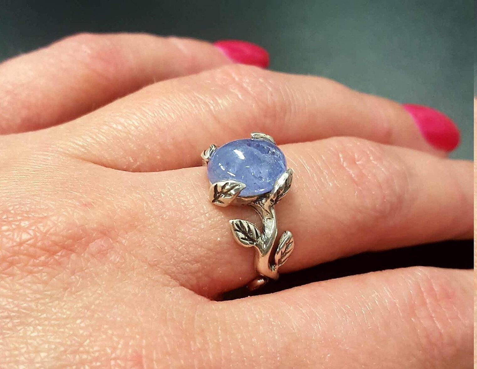 Tanzanite Ring, Natural Tanzanite, December Birthstone, Silver Leaf Ring, Blue Flower Ring, Dainty Ring, Blue Vintage Ring, 925 Silver Ring