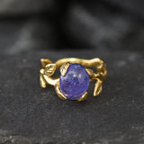 Blue Solitaire Ring - Natural Tanzanite Ring, Gold Leaf Ring