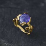 Blue Solitaire Ring - Natural Tanzanite Ring, Gold Leaf Ring