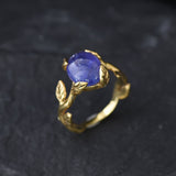 Blue Solitaire Ring - Natural Tanzanite Ring, Gold Leaf Ring