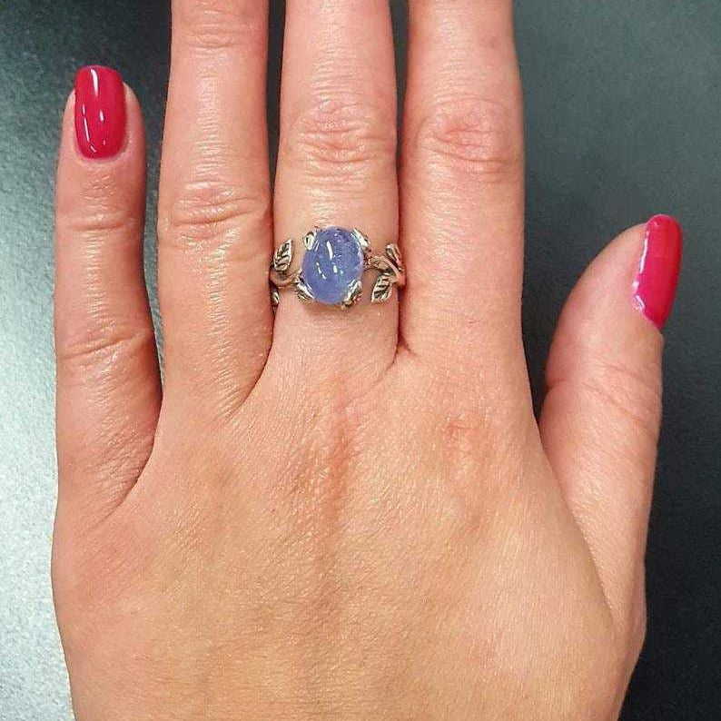 Tanzanite Ring, Natural Tanzanite, December Birthstone, Silver Leaf Ring, Blue Flower Ring, Dainty Ring, Blue Vintage Ring, 925 Silver Ring(1)