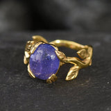 Blue Solitaire Ring - Natural Tanzanite Ring, Gold Leaf Ring