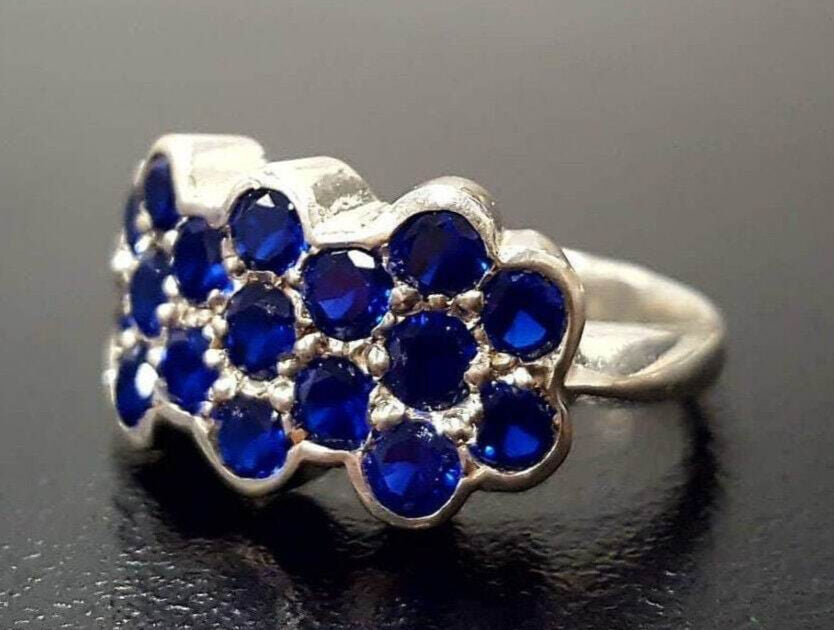 Created Sapphire Ring made in 925 Sterling Silver with Round Created Blue Sapphire in Cluster setting, September Birthstone gift idea, symbolizes sincerity, truth, and faithfulness, ideal for everyday wear and perfect for birthday gifting and special occasions.
