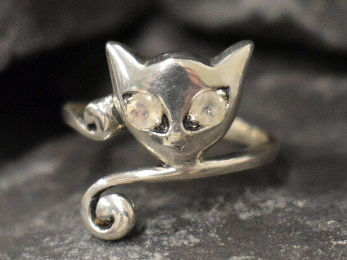Silver Cat Ring, Natural Moonstone, Kitten Tail Ring, June Birthstone, Cute Cat Ring, Elegant Ring, Moonstone Cat Ring, Solid Silver Ring