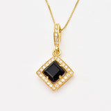 Black Onyx Necklace - Square Vintage Necklace - Real Onyx Pendant