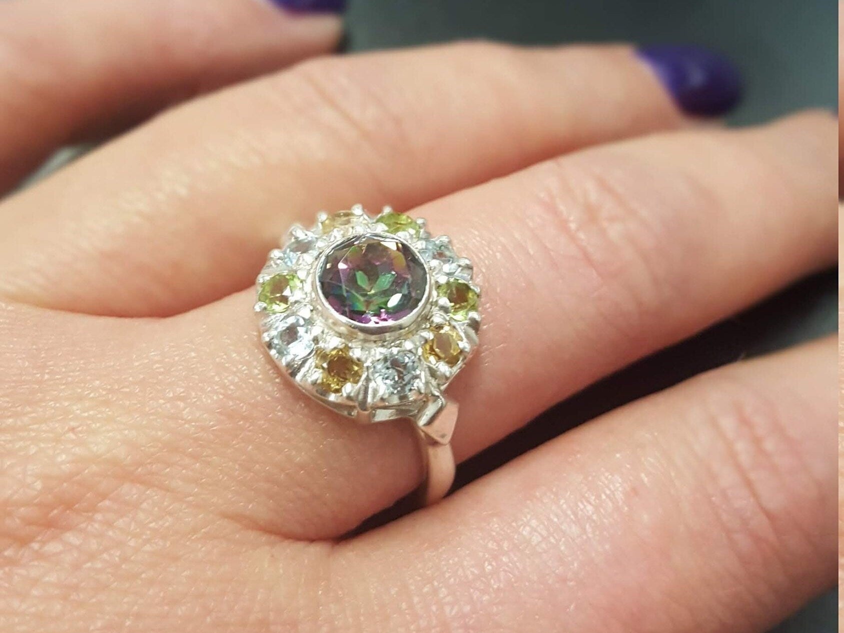 Mystic Topaz Ring, Natural Mystic Topaz, Topaz Ring, Victorian Ring, December Ring, Purple Ring, December Birthstone, 925 Silver Ring, Topaz