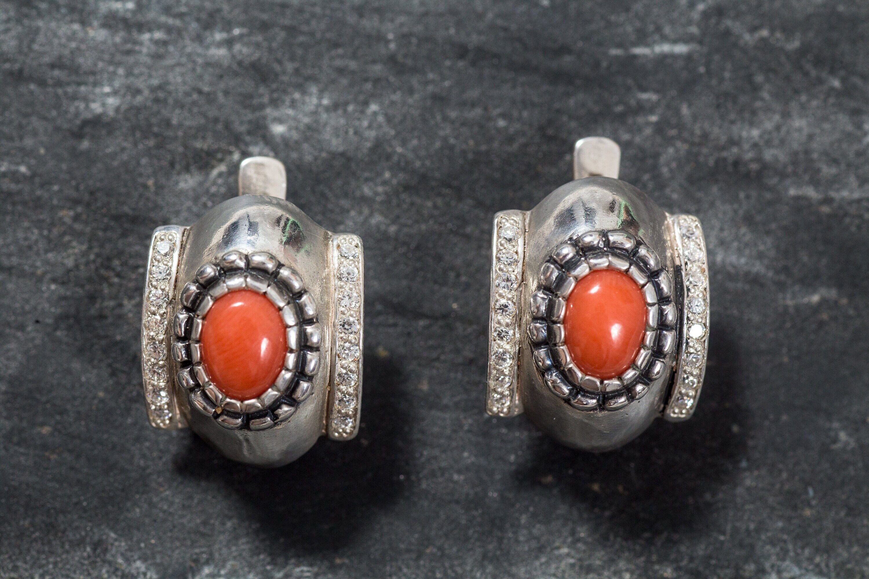 Coral Earrings, Natural Coral Earrings, Angel Skin Coral, Bazel Earrings, March Birthstone, Vintage Earrings, Solid Silver Earrings, Coral