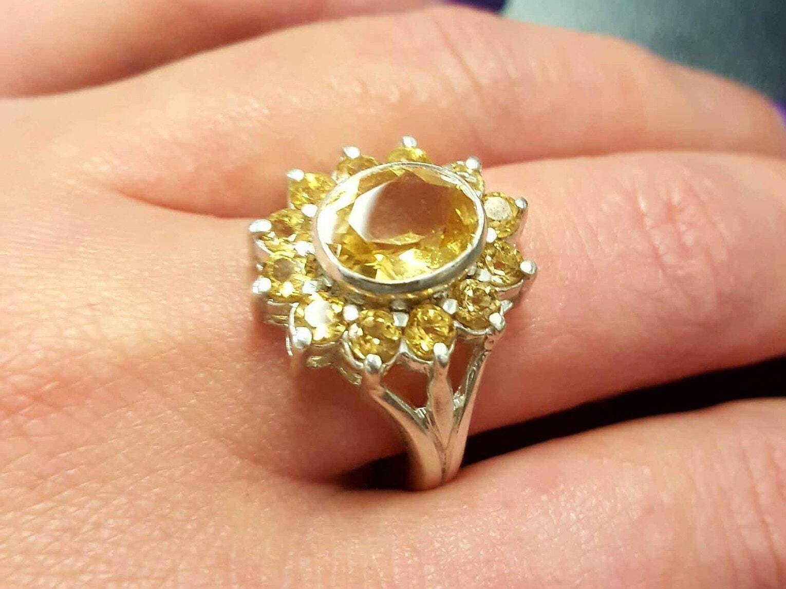 Citrine Ring, Natural Citrine, November Birthstone, Yellow Flower Ring, November Ring, Yellow Unique Ring, Flower Ring, Silver Ring, Citrine