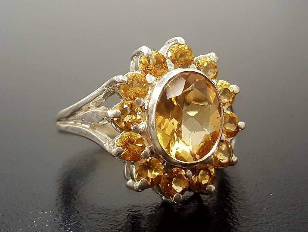 Citrine Ring, Natural Citrine, November Birthstone, Yellow Flower Ring, November Ring, Yellow Unique Ring, Flower Ring, Silver Ring, Citrine