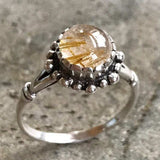 Rutilated Quartz Ring - Yellow Flower Ring - Quartz Vintage Ring