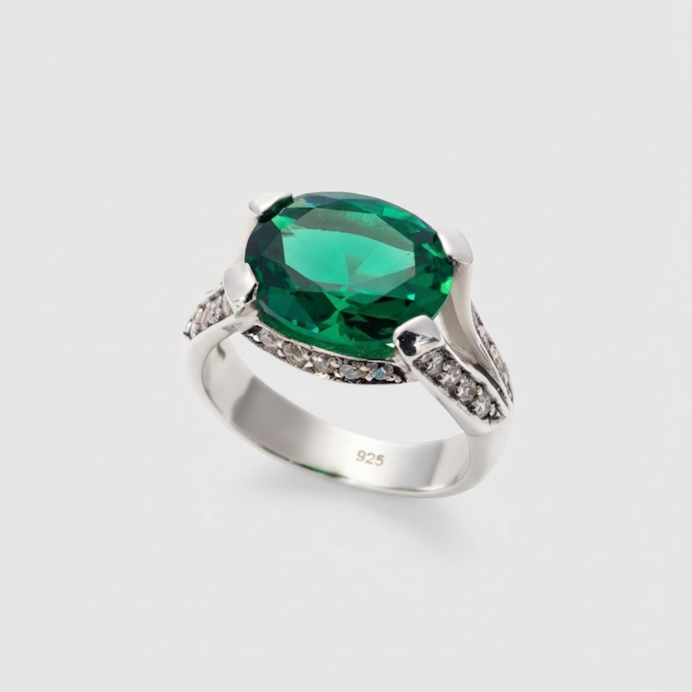 Created Emerald Ring made in 925 Sterling Silver with Oval Created Green Emerald in Pavé setting, May Birthstone gift idea, symbolizes, ideal for everyday wear and perfect for birthday gifting and special occasions.