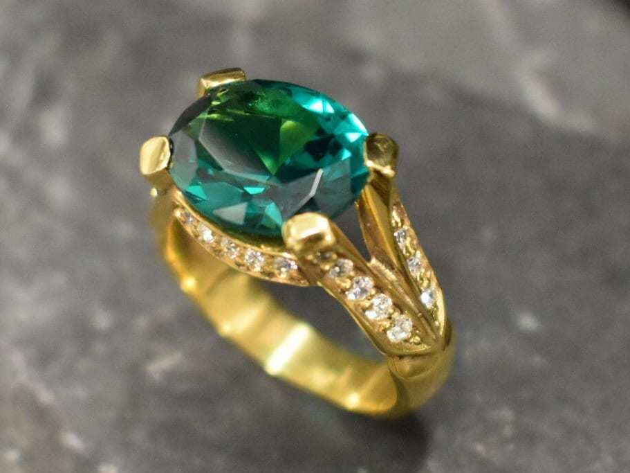 Created Emerald Ring made in 18k Gold Vermeil with Oval Created Green Emerald in Pavé setting, May Birthstone gift idea, symbolizes, ideal for everyday wear and perfect for birthday gifting and special occasions.