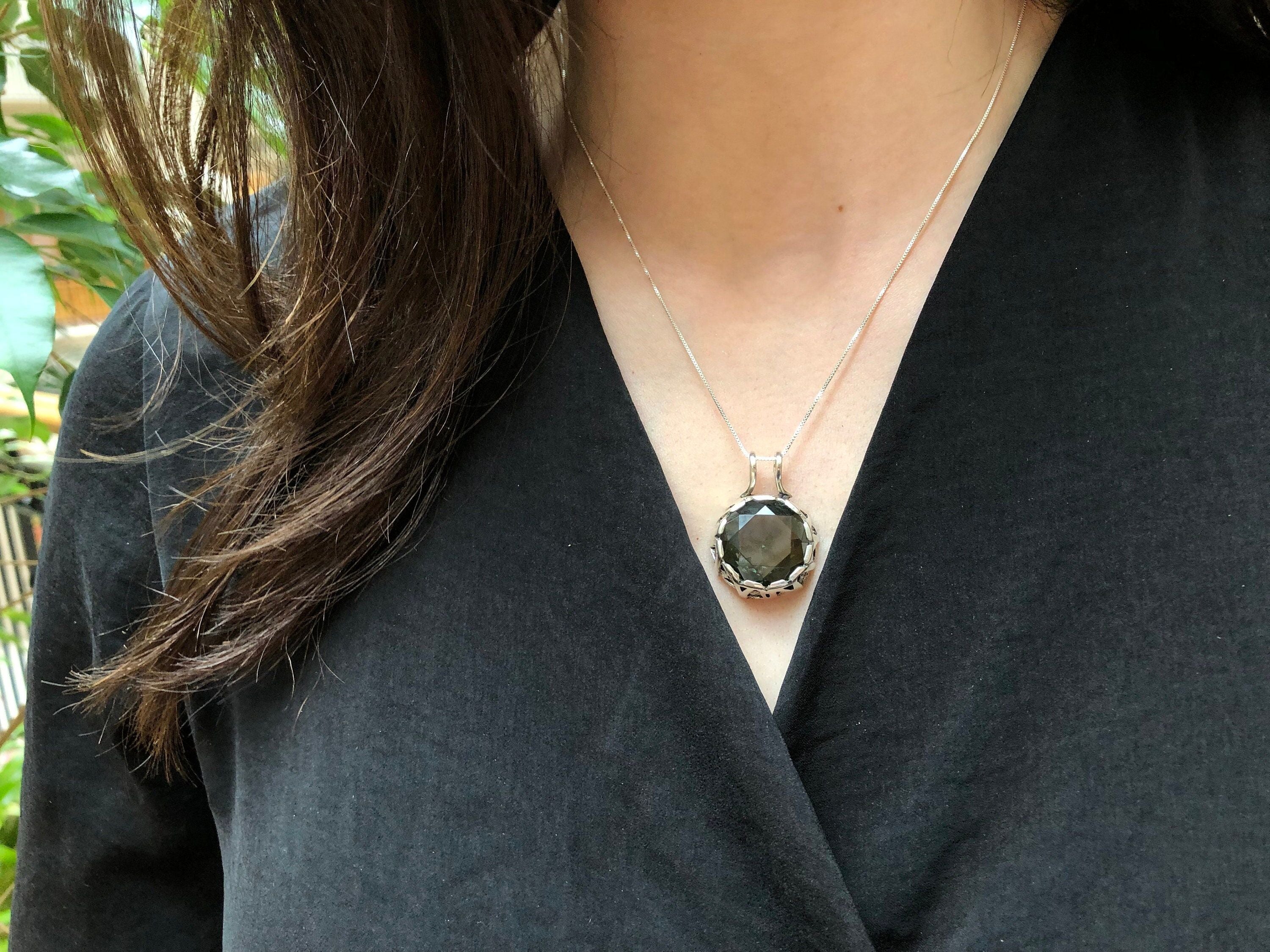 Green Diamond Pendant, Created Diamond, Large Green Pendant, Statement Pendant, Green Pendant, Round Pendant, Solid Silver Pendant