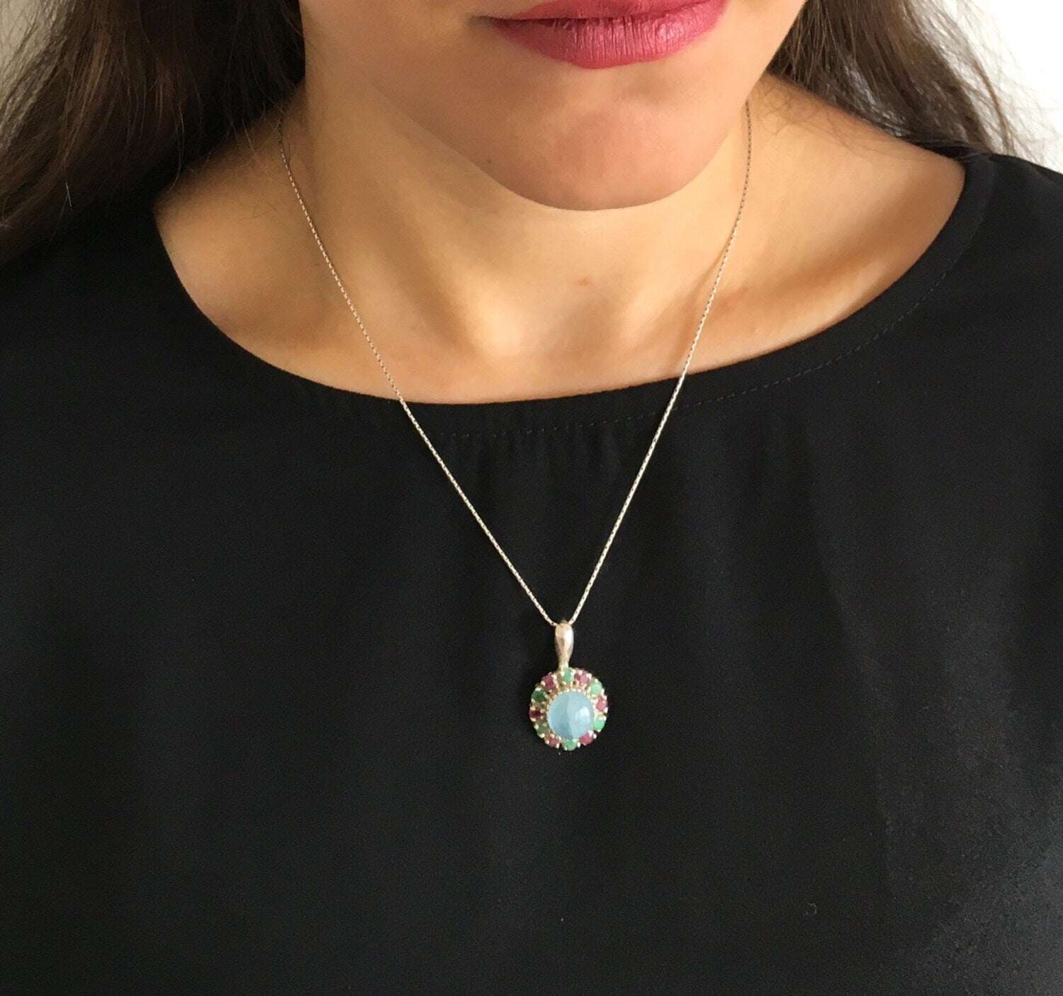 Elegant 925 Sterling Silver Aquamarine Pendant showcasing a stunning round gemstone in a halo setting, perfect for gifts.