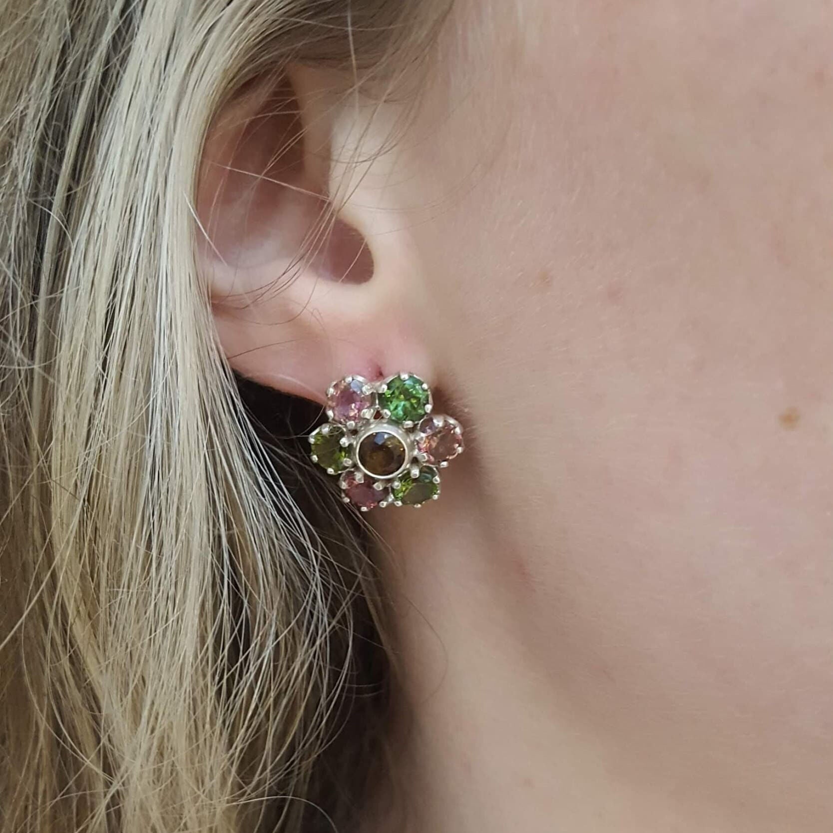 A sophisticated Tourmaline flower earrings in solid 925 sterling silver, perfect for special occasions, and a beautiful gift idea