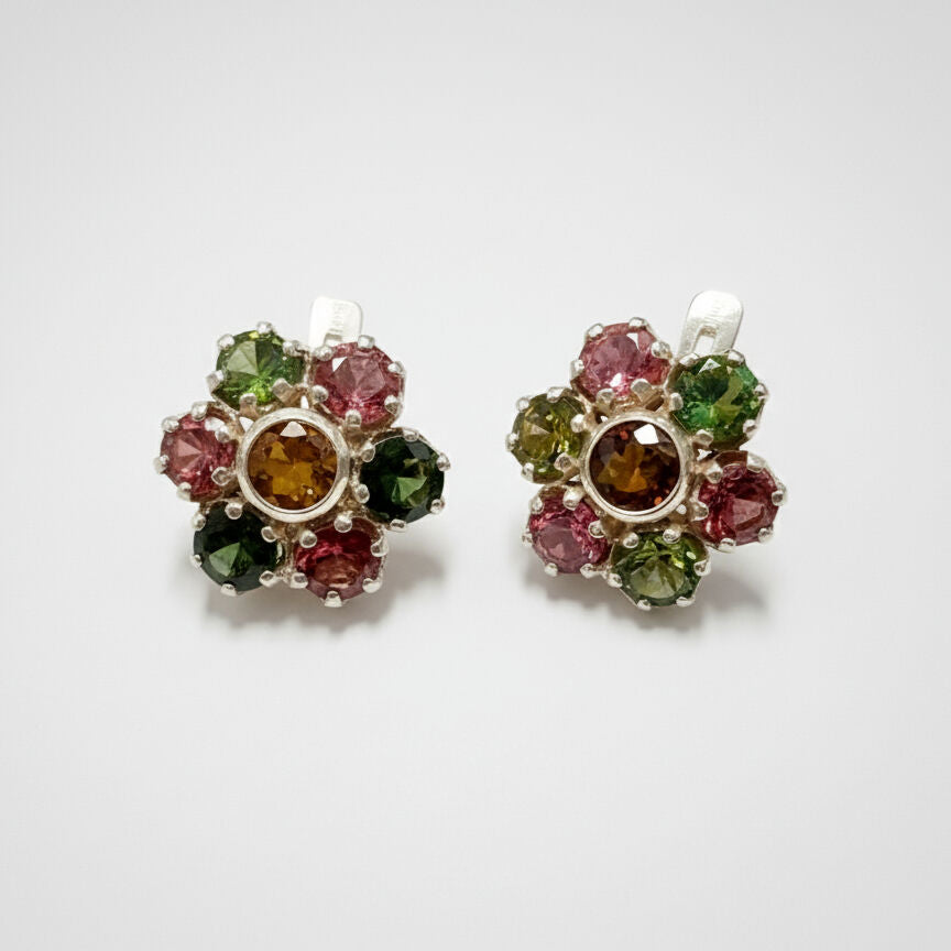 An elegant and colorful flower earrings set with Natural Tourmaline gemstones, set in Solid 925 Sterling Silver, perfect for gifting.