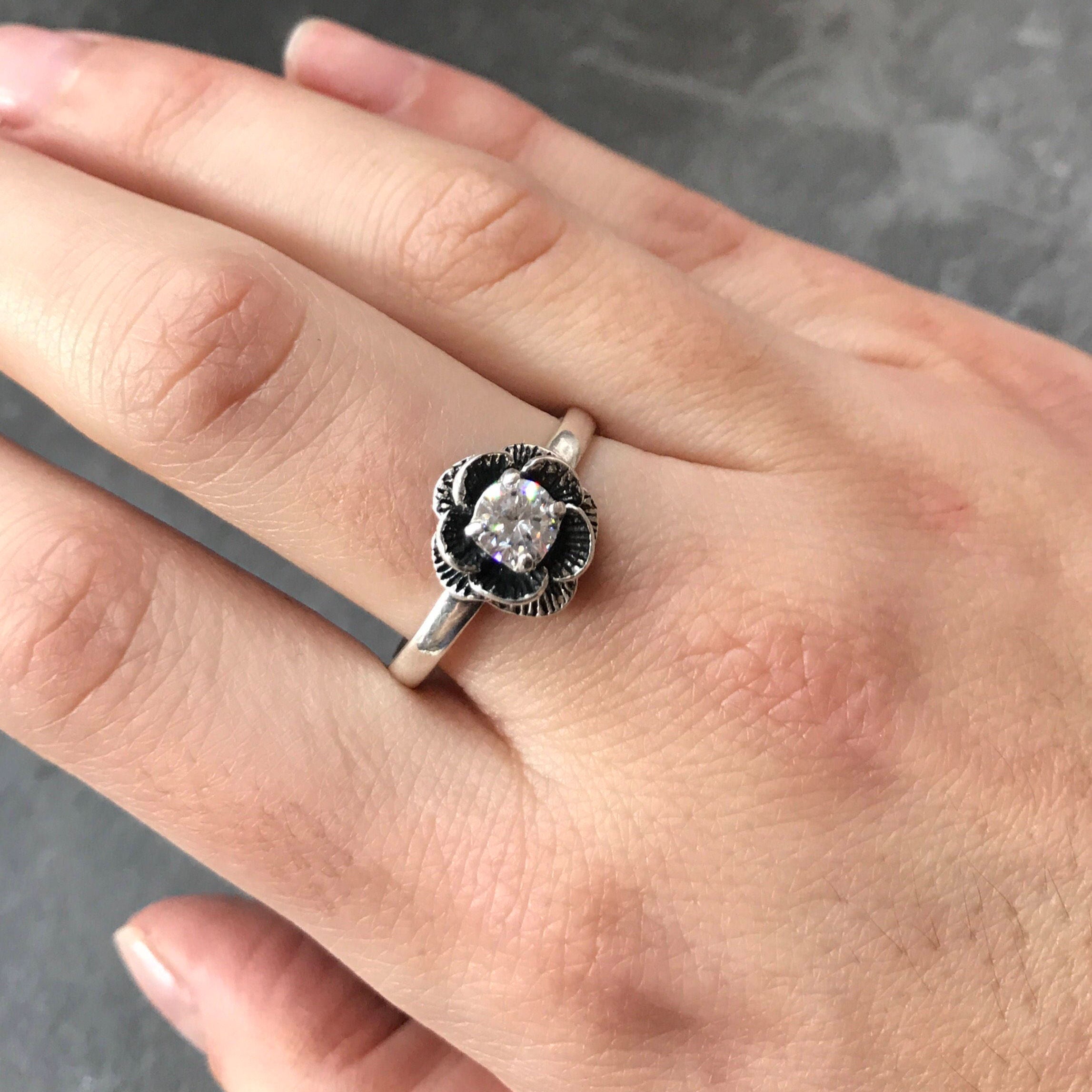 Flower Ring, Diamond Ring, Created Diamond Ring, Silver Flower Ring, Vintage Flower Ring, White Diamond Ring, Floral Ring, 925 Silver Ring