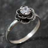 Flower Diamond Ring - Silver Flower Ring, White Diamond Ring