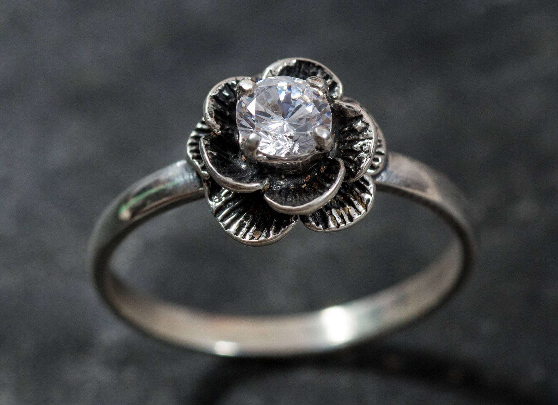 Vintage Flower Ring - Created CZ Diamond, Solid Silver