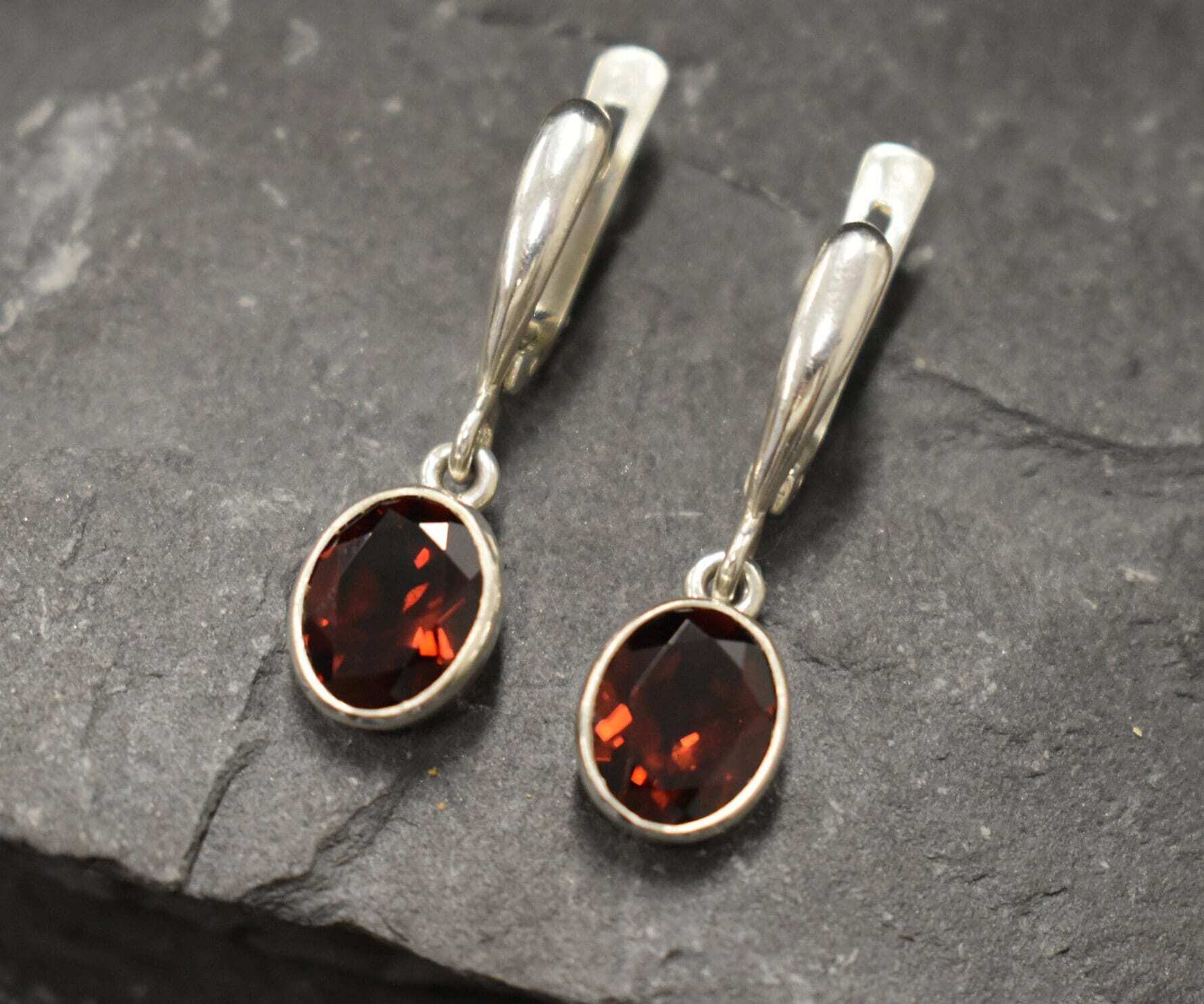 Garnet Earrings, Natural Garnet, January Birthstone, Red Dangling Earrings, Long Vintage Earrings, Red Dainty Earrings, 925 Silver Earrings