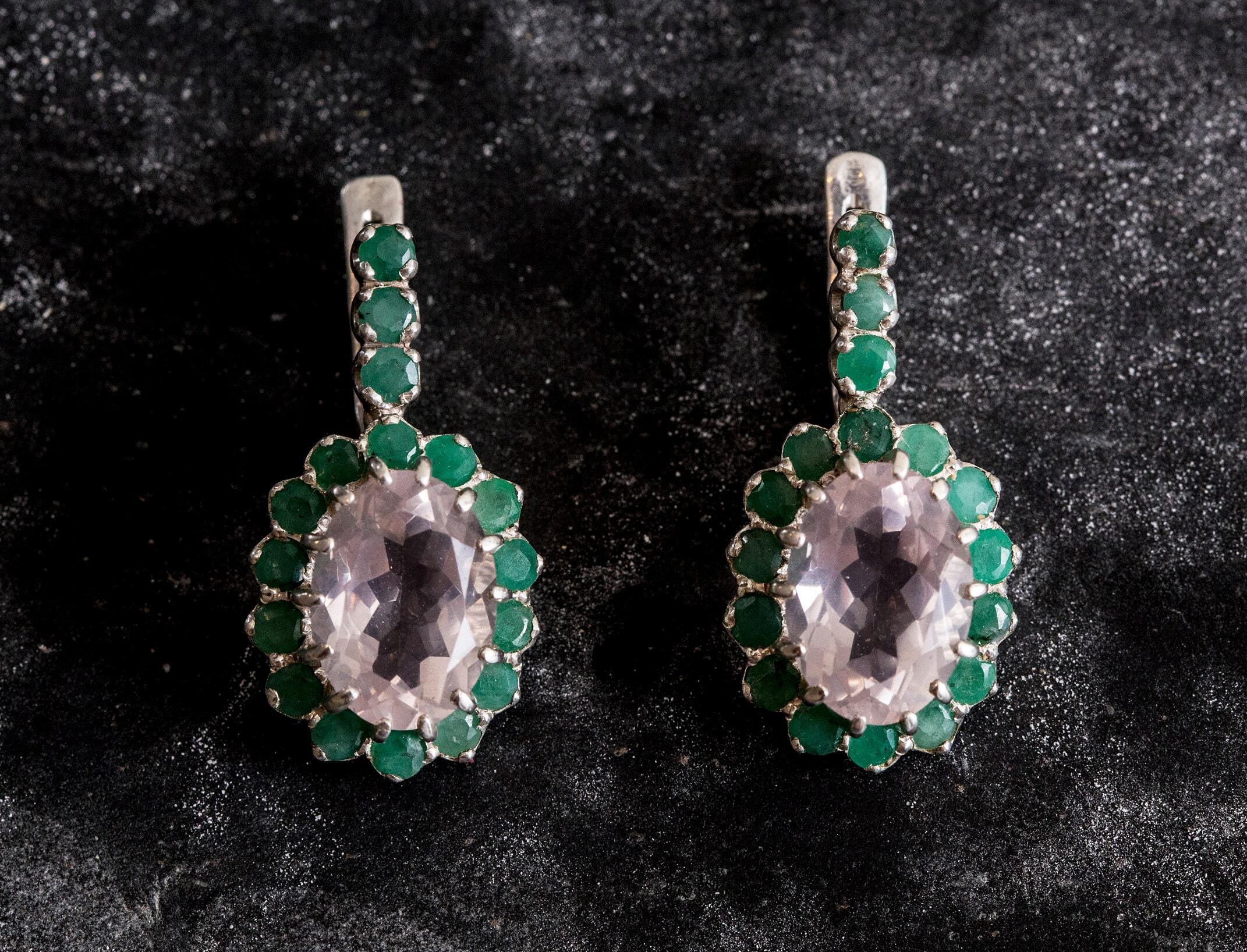 Rose Quartz Earrings, Natural Emerald Earrings, Emerald Earrings, Victorian Earrings, January Birthstone, Silver Earrings, Rose Quartz