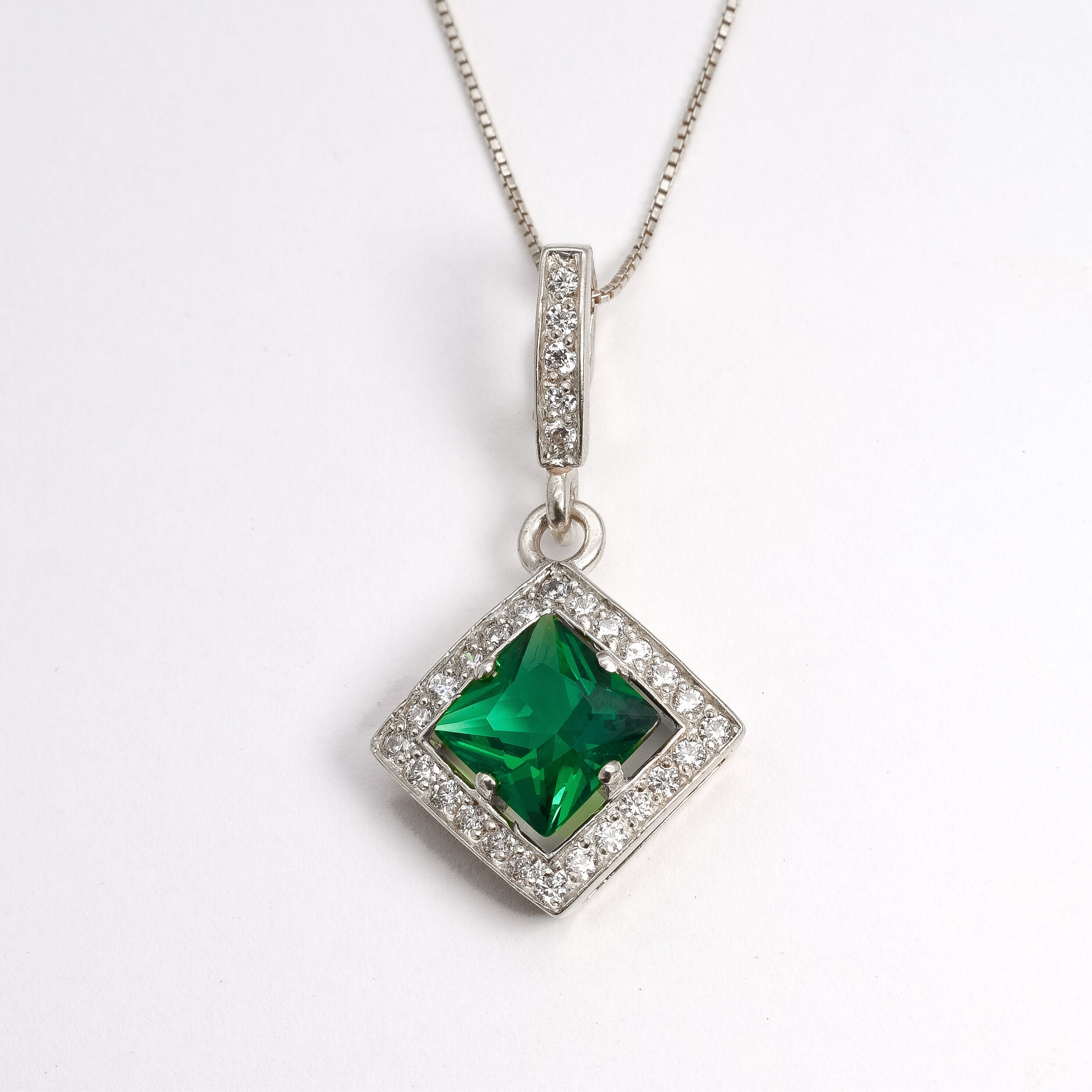 Created Emerald Pendant made in 925 Sterling Silver with Square Created Green Emerald in Halo setting, May Birthstone gift idea, symbolizes, ideal for everyday wear and perfect for birthday gifting and special occasions.