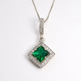 Created Emerald Pendant made in 925 Sterling Silver with Square Created Green Emerald in Halo setting, May Birthstone gift idea, symbolizes, ideal for everyday wear and perfect for birthday gifting and special occasions.