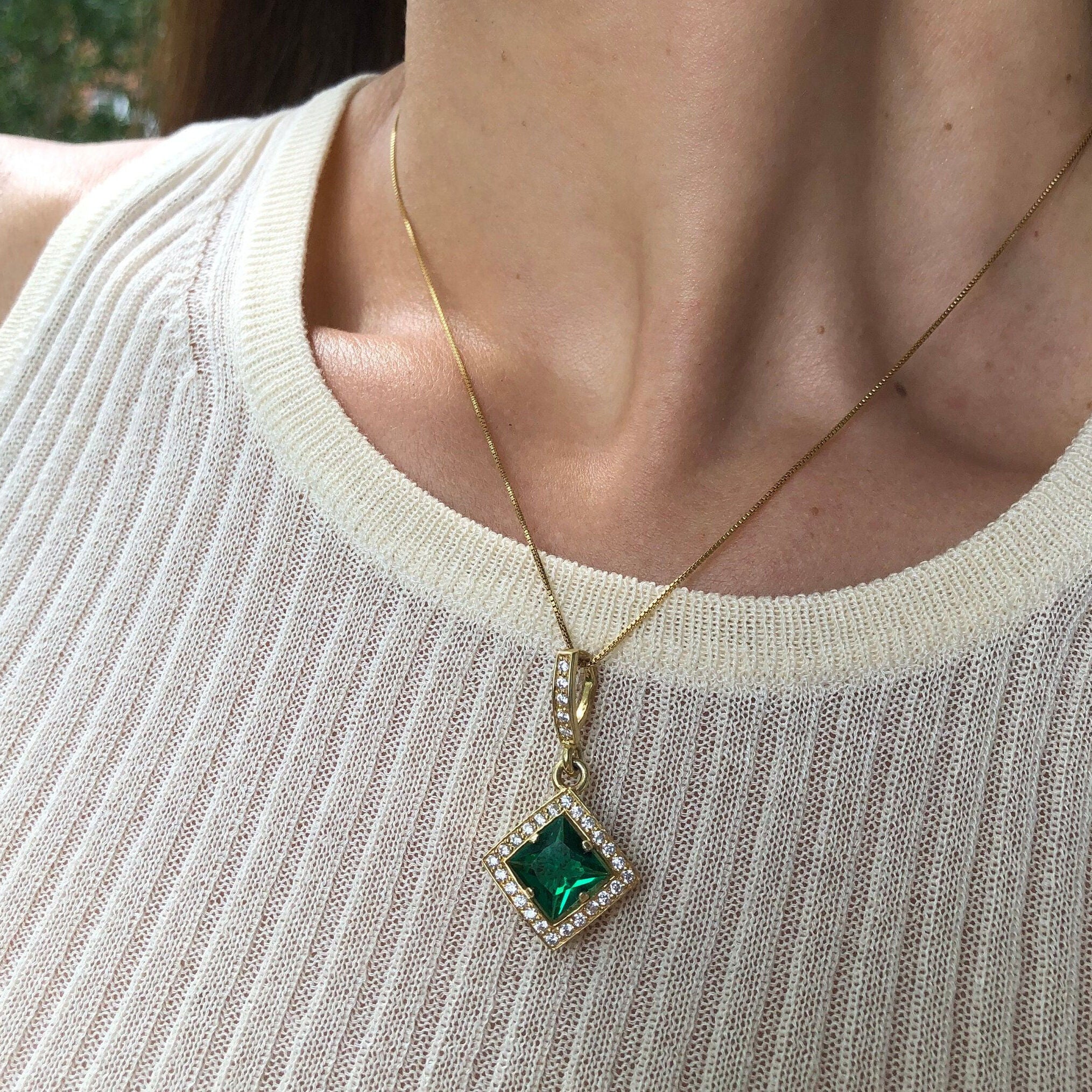 18k Gold Vermeil Emerald Pendant with Halo setting, ideal May birthstone gift for daily wear and special occasions.