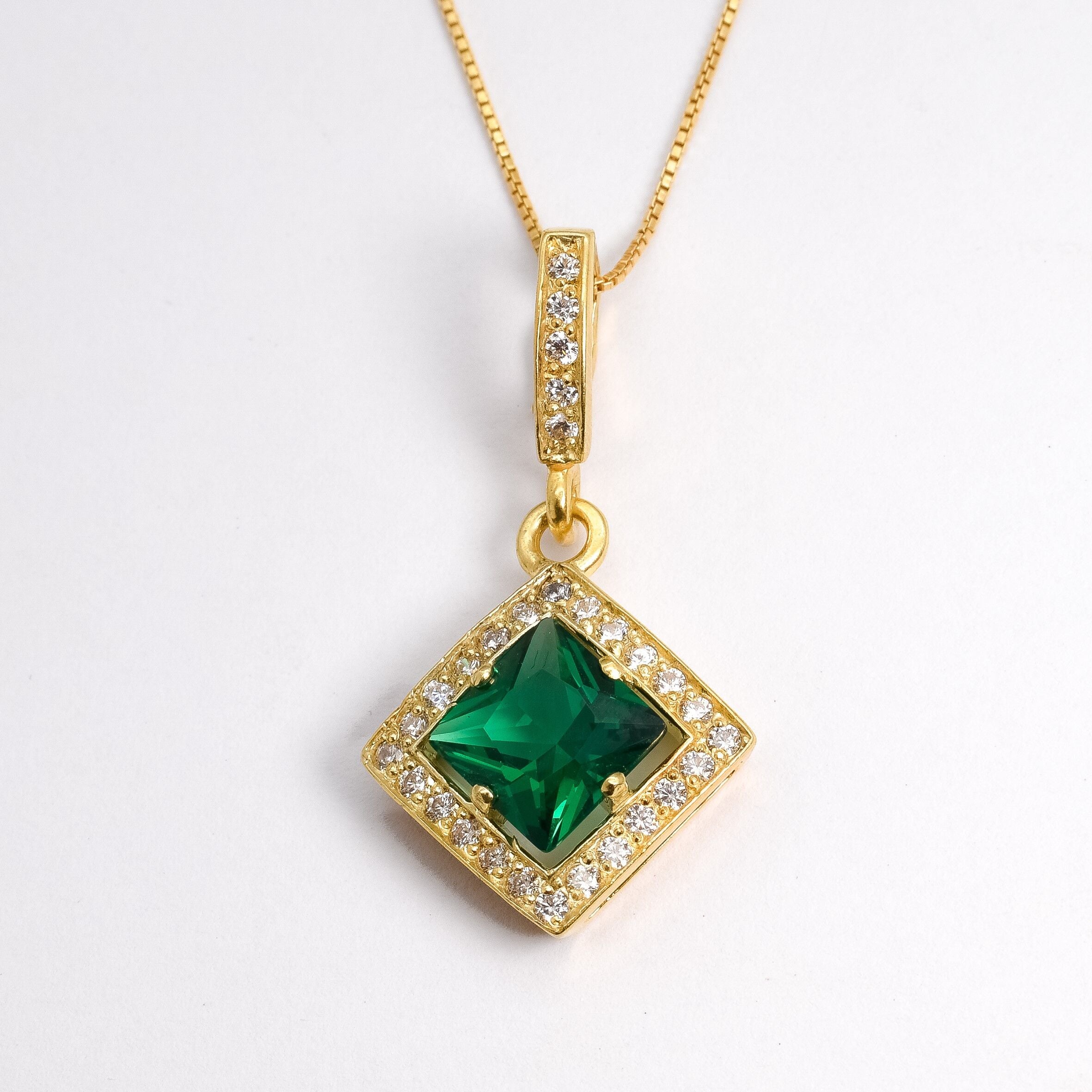 Created Emerald Pendant made in 18k Gold Vermeil with Square Created Green Emerald in Halo setting, May Birthstone gift idea, symbolizes, ideal for everyday wear and perfect for birthday gifting and special occasions.