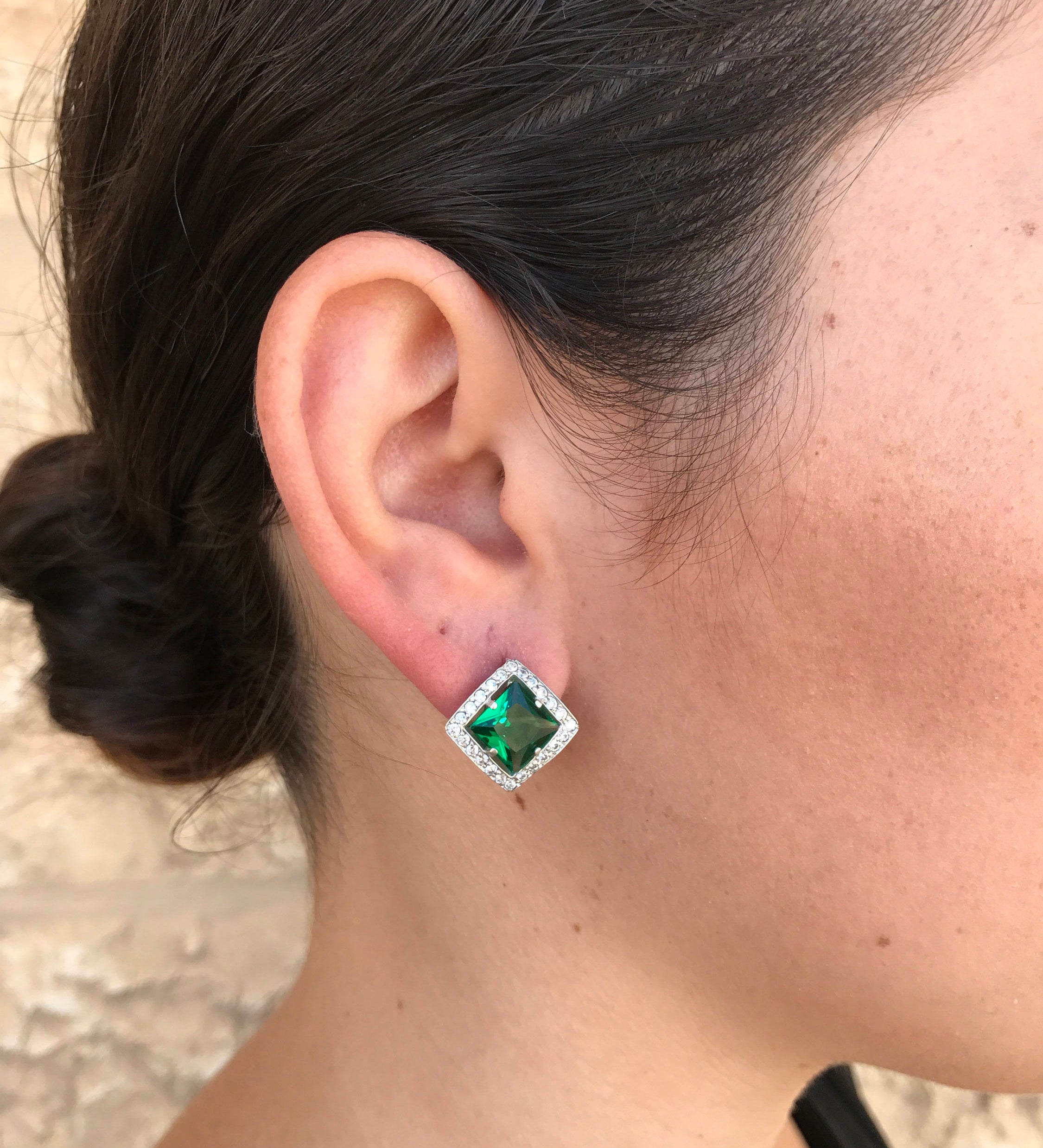Elegant 925 Sterling Silver Emerald Earrings with Halo setting, perfect for May birthdays and special occasions.